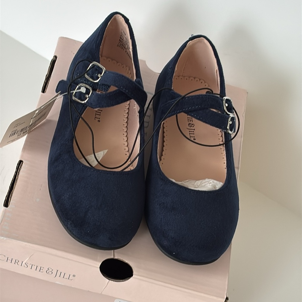 Christie & Jill Toddler Girl Dahlia MaryJane Double Strap Blue Velvet Dress Shoe
